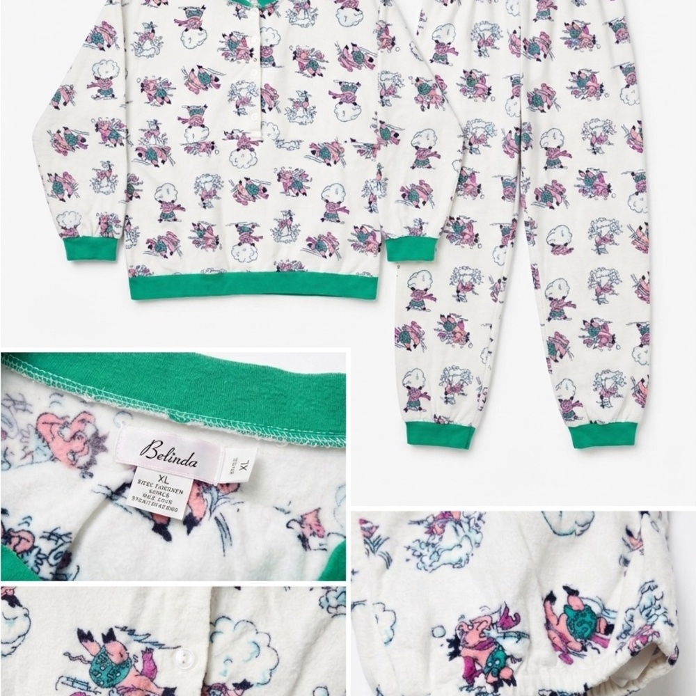 White & Green Cartoon-Print Women’s Pajama Set